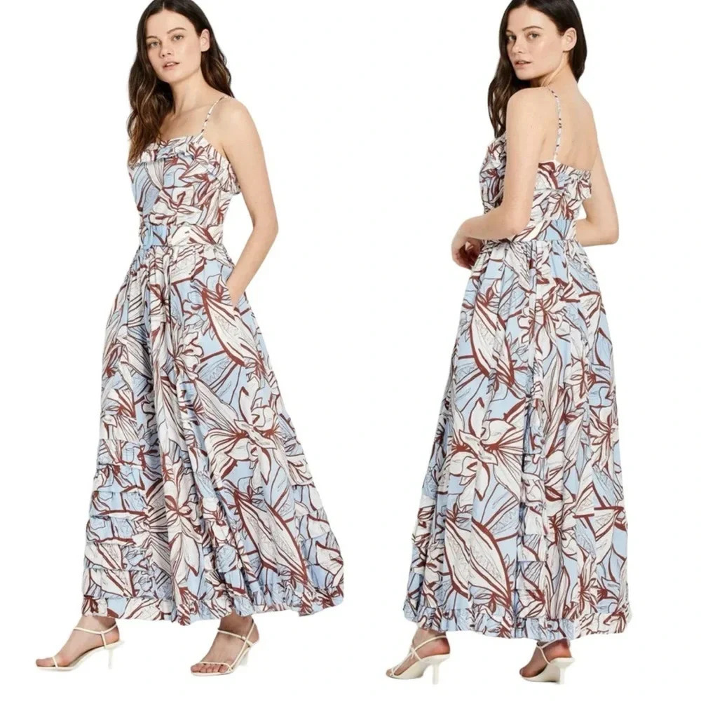 NICHOLAS Julie Cotton Floral Midi Dress Ruffle Detail and Pockets Blue Size 6